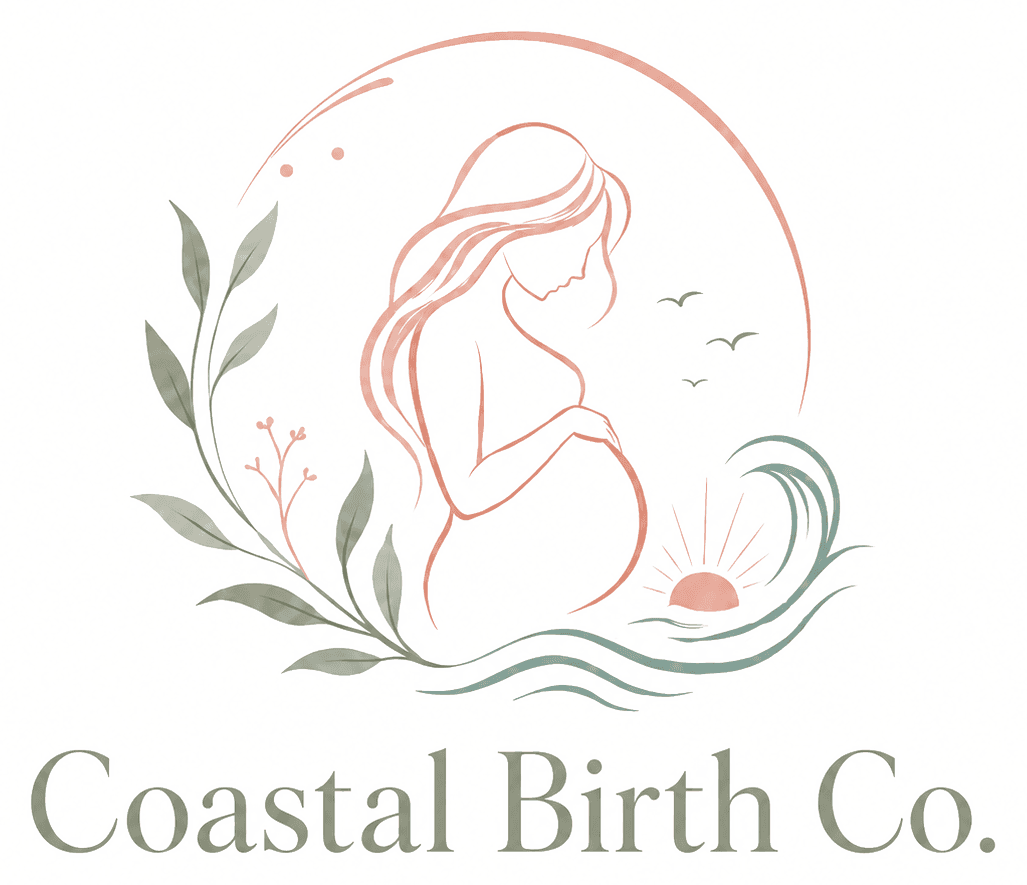 Coastal Birth Co. logo with pregnant mother, coastal wave and botanical details